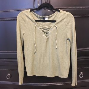 H&M long sleeve lace up shirt, olive green